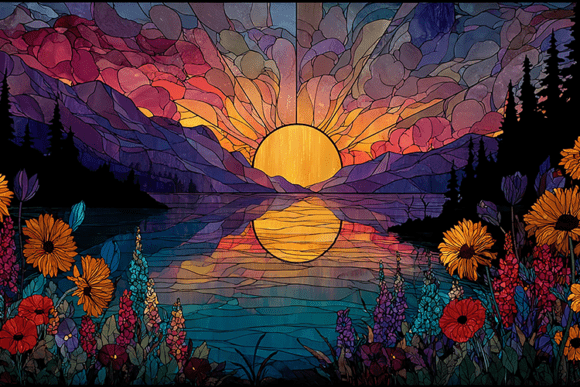 Download Sunset Lake Mountain Stained Glass Art - Set Collection