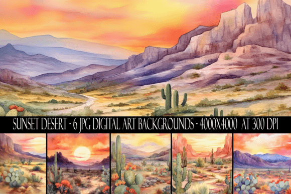 Download Watercolor Sunset Desert Backgrounds - Set Collection